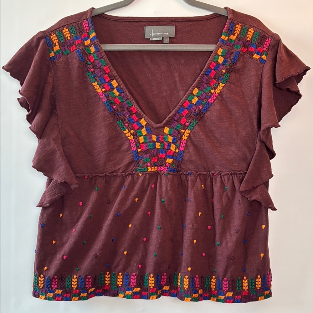 Anthropologie Burgundy Blouse with Multicolor Embroidery